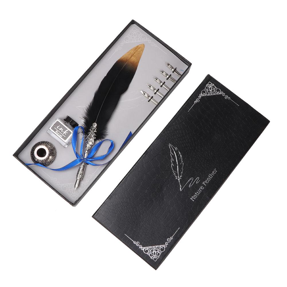 Vintage Classical Fountain Pen Feather Quill Dip Pen Ink Bottle Set with Gift Box (Black)