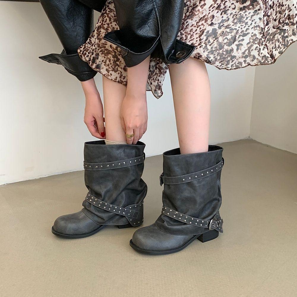 Pants Skinny Knight Boots Locomotive Medium Tube Fashion Spring and Autumn Short Boots Women's Boots New Belt Buckle Rivets
