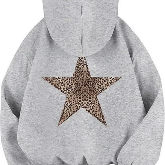 Dames Hooded Sweatshirt met Luipaard- en Sterrenprint, Casual Pullover met Lange Mouwen, Grote Voorraad Beschikbaar
