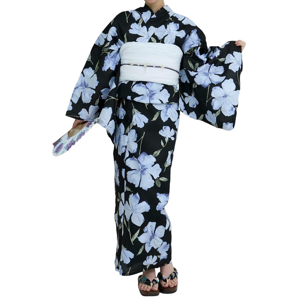 RAVIR Yukata Black with a Pale Wisteria Floral This Set Includes a Fluffy Obi and One Size Fits Women's 3-Piece Set Pattern. Fluffy, Sandals. All.