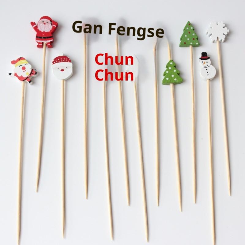 100Pcs Festive Christmas Fruit Skewers With Santa, Snowflake And Tree Designs - Disposable Bamboo Skewers For Parties, Desser
