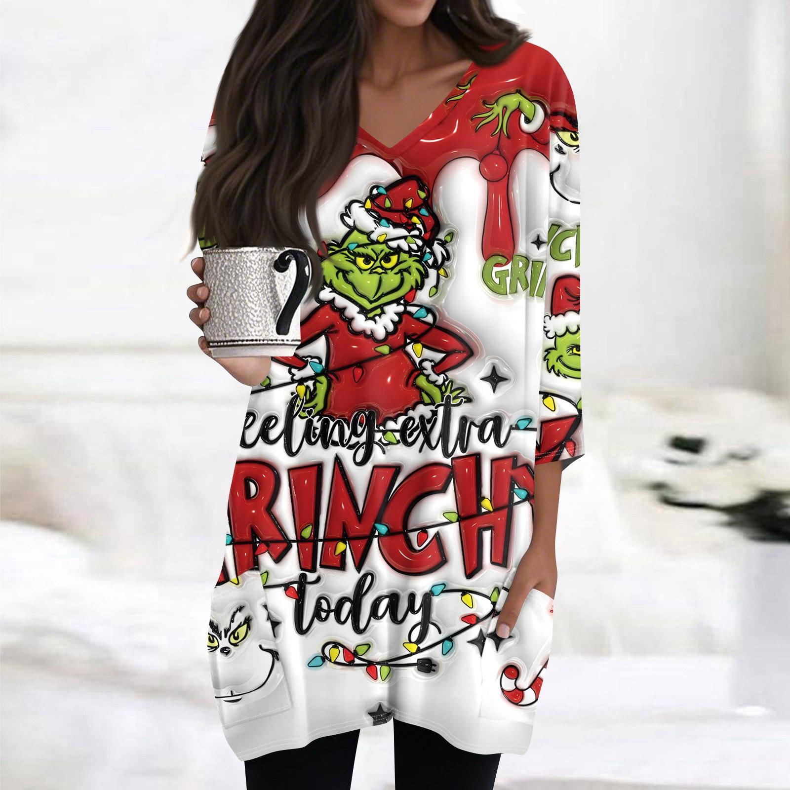 

Женские топы с V-образным вырезом и рукавом 3/4, повседневные блузки средней длины, модные туники с рождественским принтом и карманами XL