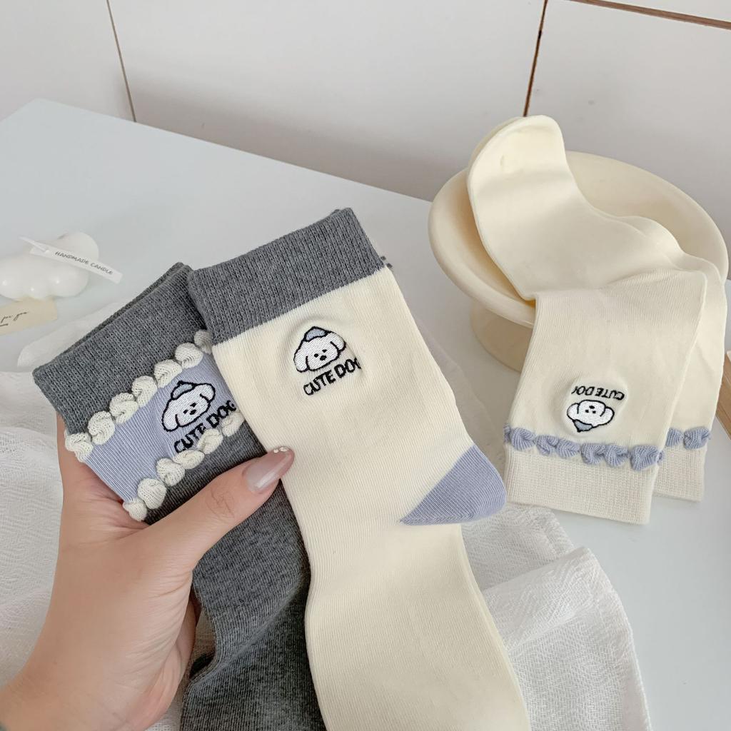 Early Autumn Puppy Socks Style Cute Socks College Style Comfortable Cotton Socks Medium Tube Socks Average Size Sweat Absorption