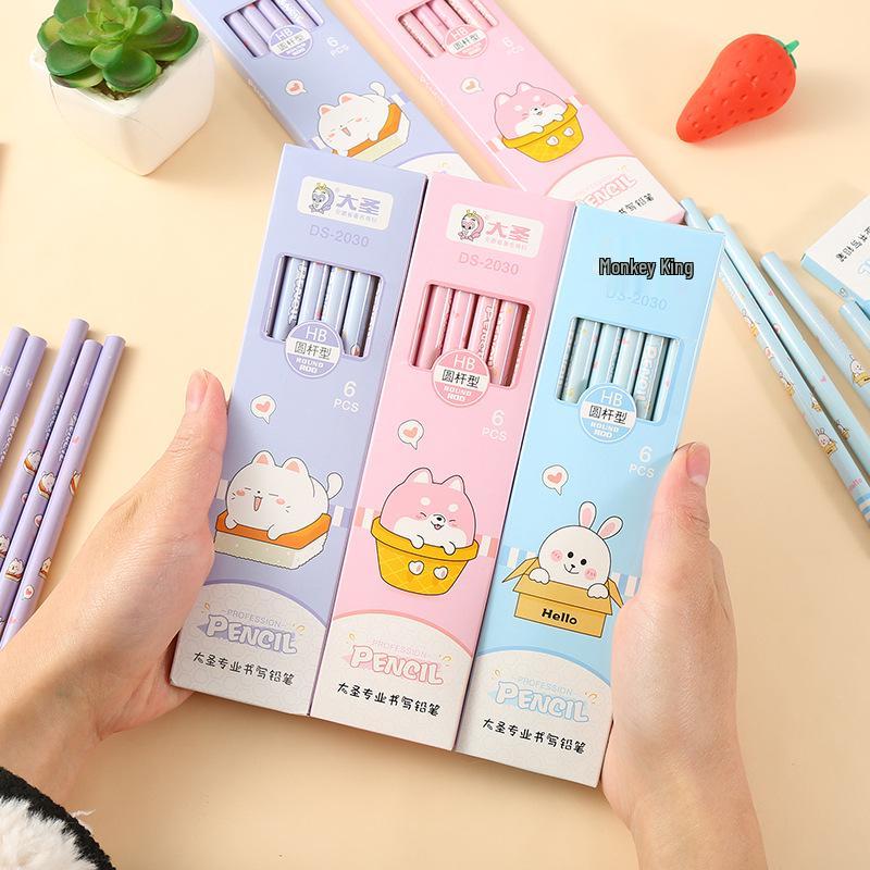 Great Sage Cartoon HB Pencil Set - 6 Poplar Round Rods, Cute Stationery for Elementary Students and Kids