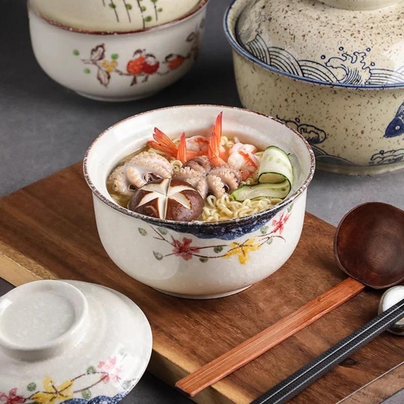 Japanese Ceramic with Lid Soup Ramen Bowl Dessert Snack Large Capacity Service Bowls Restaurant Tableware