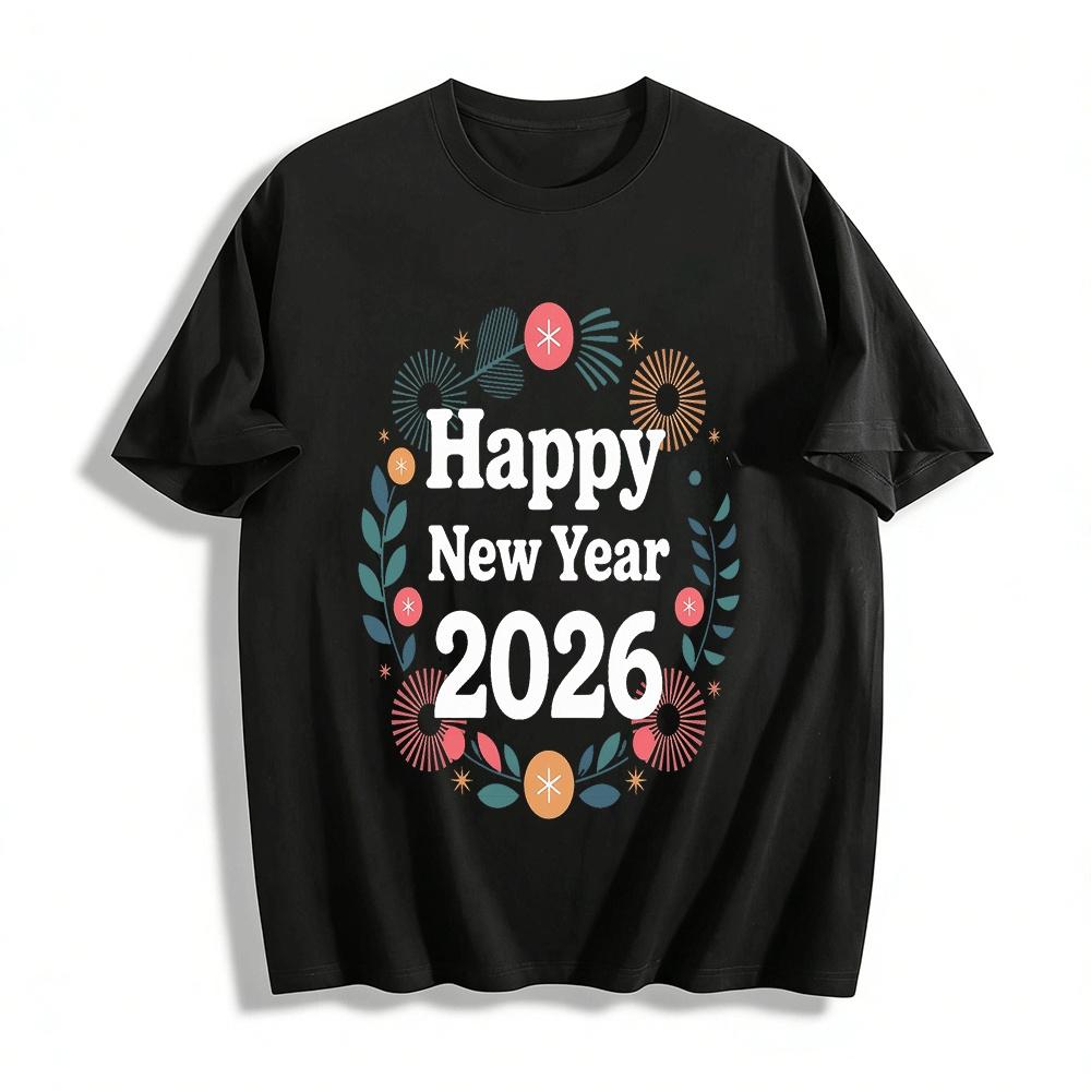 

2026 Happy New Year Graphic Casual Crewneck Long Sleeve Top Pure cotton T-shirt XXS