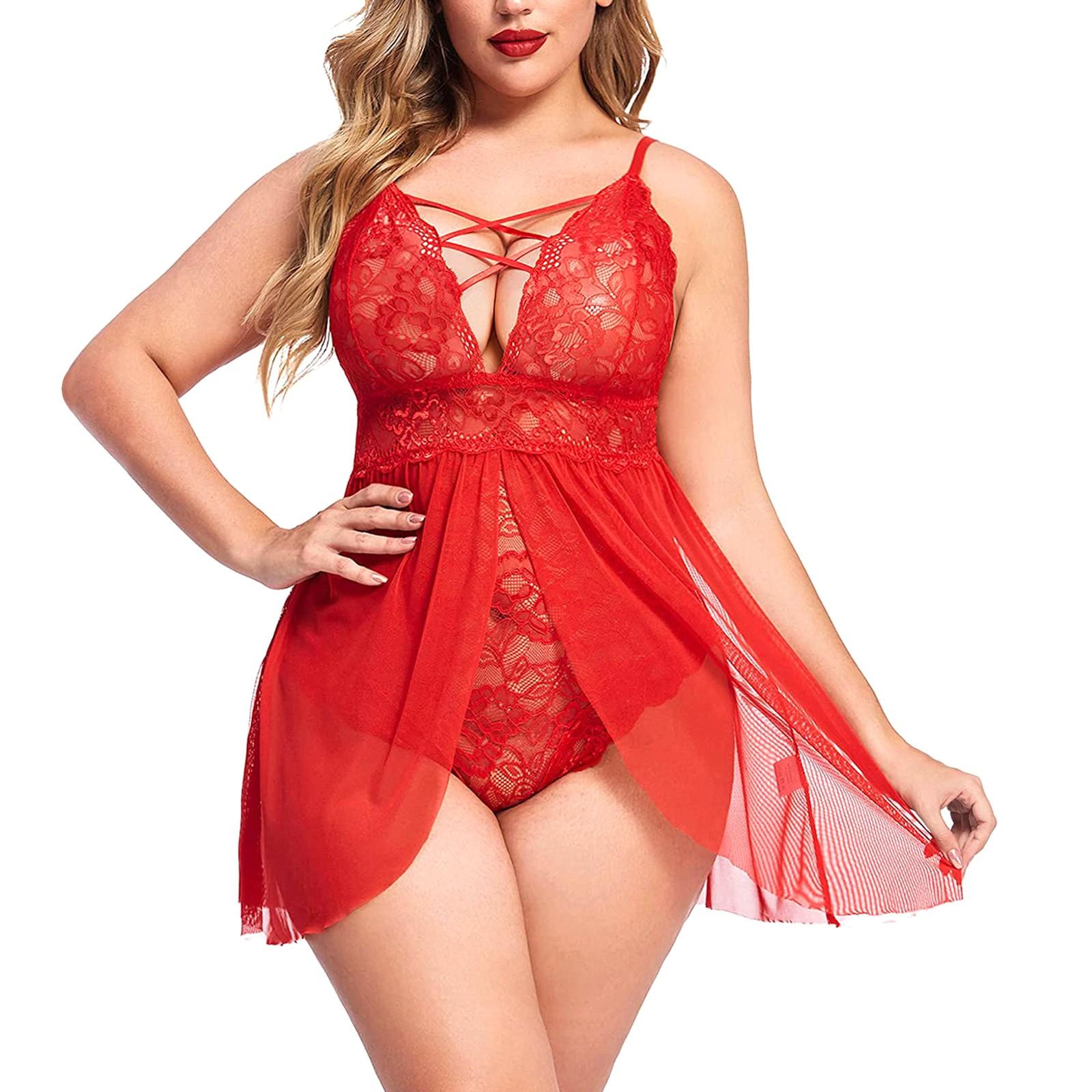 

S-4XL сексуальное женское кружевное нижнее белье Babydoll, ночная рубашка, прозрачная одежда для сна, ночная рубашка, мини-платье L красный