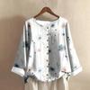 Women's Fashionable And Casual Shirt Long-sleeve Round Neck Print Cotton And Linen Blouse Top