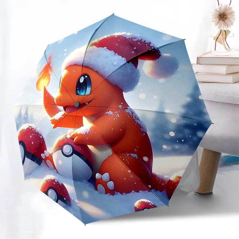 1pc Christmas Charmander Pokémon Umbrella - Auto Open Close, Portable 3-Fold Design, 8-Bone Iron Frame, Outdoor, Perfect Gift for Fans, Travelers, Dai