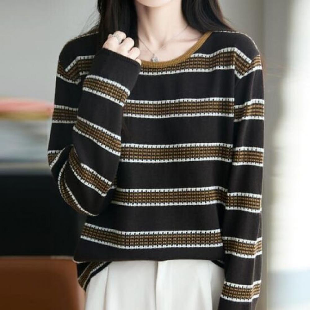 Navava Nk3218 Striped Point Round Neck Long Sleeve Knit Tee