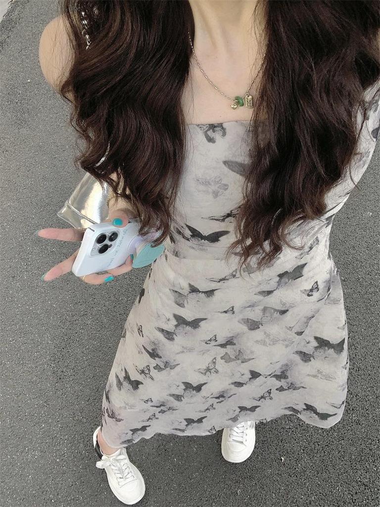 Cool-Toned Floral Butterfly Dress: Women's Summer Slimming Retro Pleated Waist Tea Party Spaghetti Strap Long Dress
