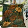 1pc French Vintage Poinsettia & Poppy Flowers Luxury Plush Flannel Throw Blanket Burgundy Golden Brown Beige Black Deep Green Hues, AllSeason Soft Bed
