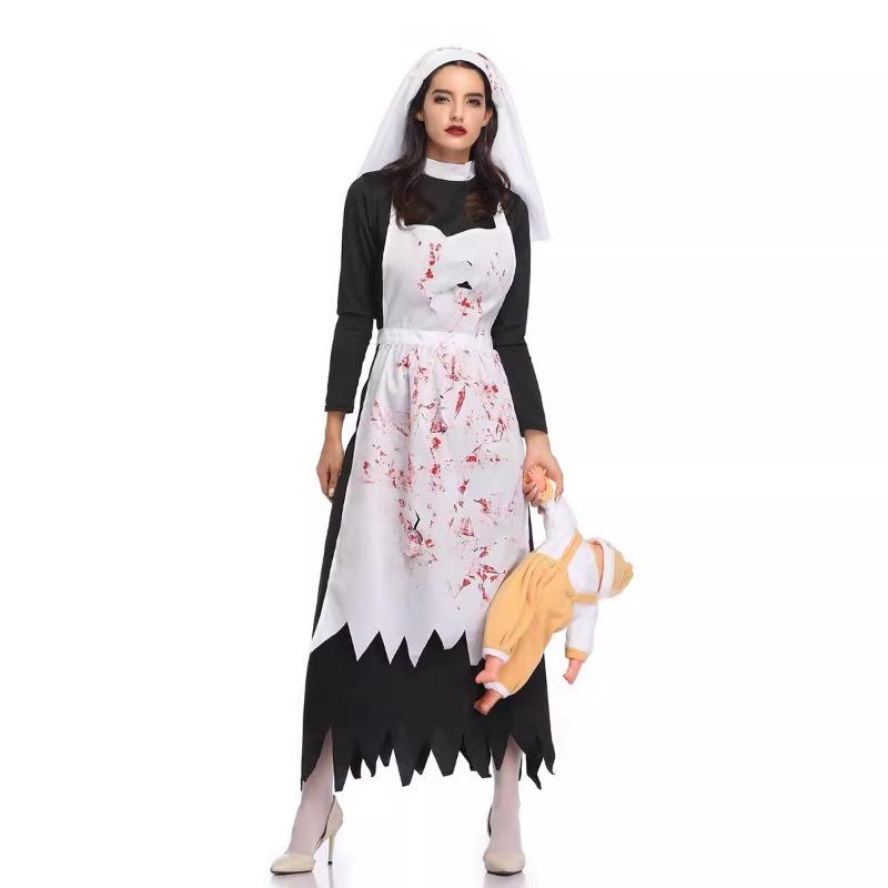 Halloween Costume Adult Horror Bloody Nun Zombie Suit Ladies Zombie Suit Irregular Long Dress
