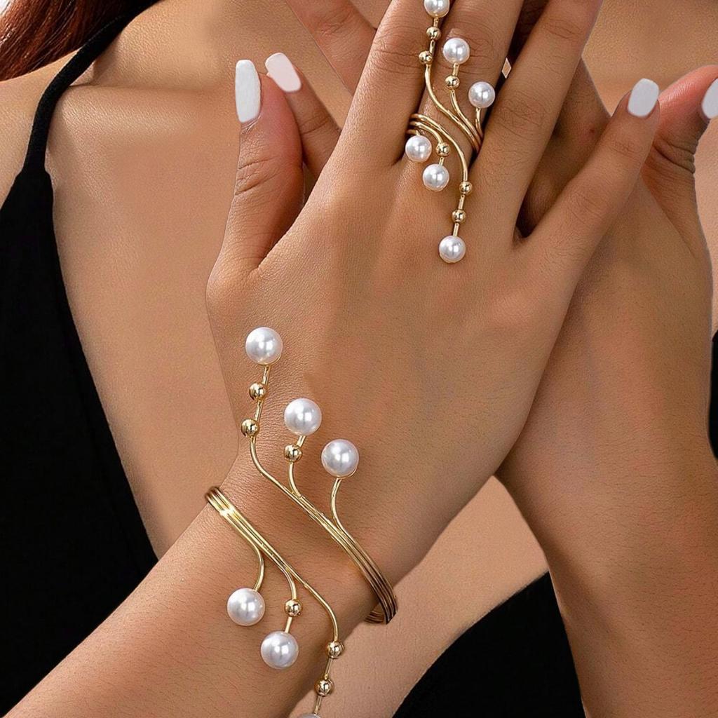 Simple Geometric Imitation Pearl Winding Line Ring Bracelet Set For Women Girls Exaggerated Personality Fashion Jewelry
