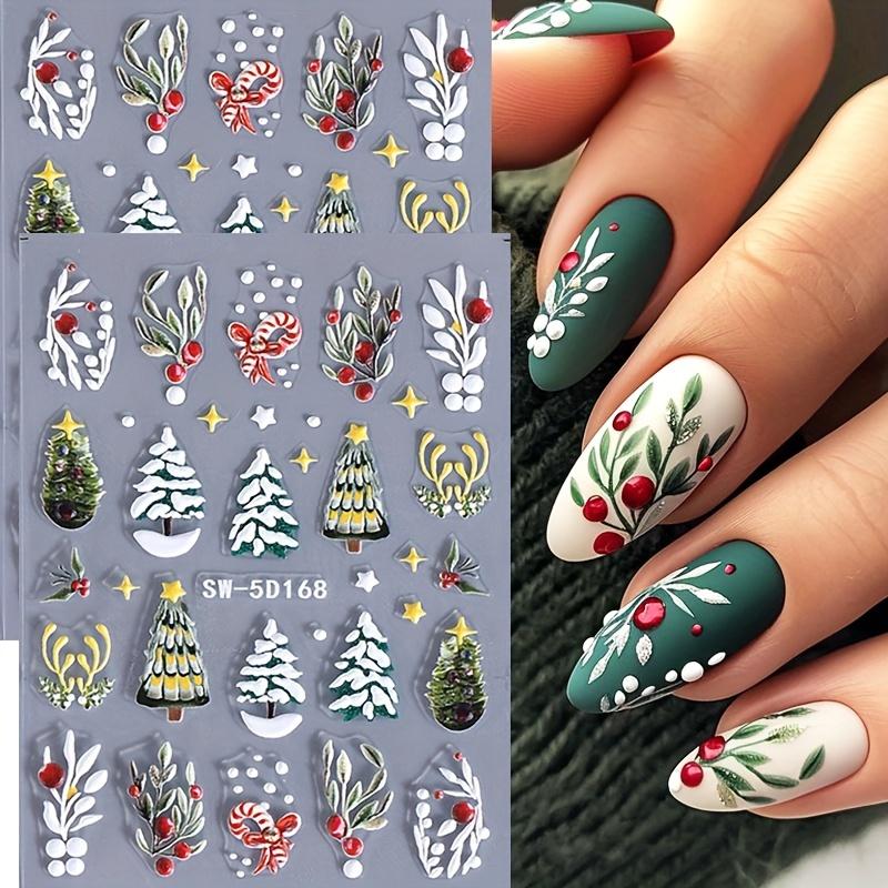 Weihnachts-Nagelkunst-Aufkleber Abziehbilder 1 Blatt, Winter Weihnachtsbaum Blätter Muster Geprägte Selbstklebende Nagelaufkleber, DIY Nagelkunst Dekoration
