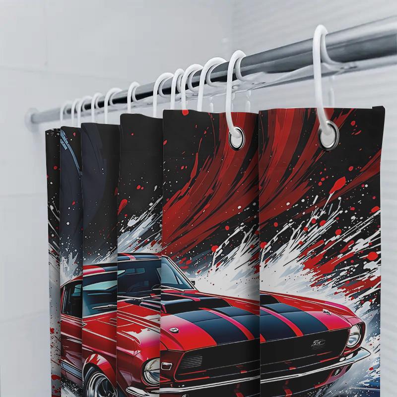 Speed Passion Red Mustang Shower Curtain for Bathroom - Vintage Car Design with Dynamic Splash Effect Waterproof  Durable