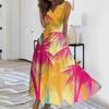 Women's Summer Leaf Floral Printed V-Neck Long Dress Dress