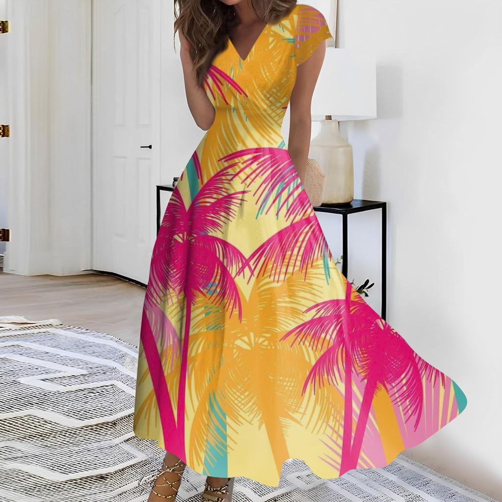 Women's Summer Leaf Floral Printed V-Neck Long Dress Dress