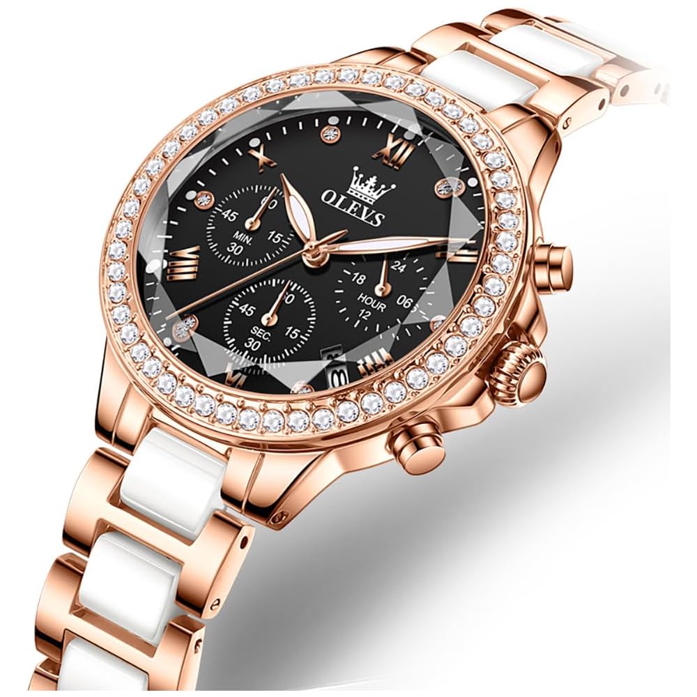 OLEVS Women's Ceramic Quartz Watch Elegant Waterproof Date Display Luminous Black