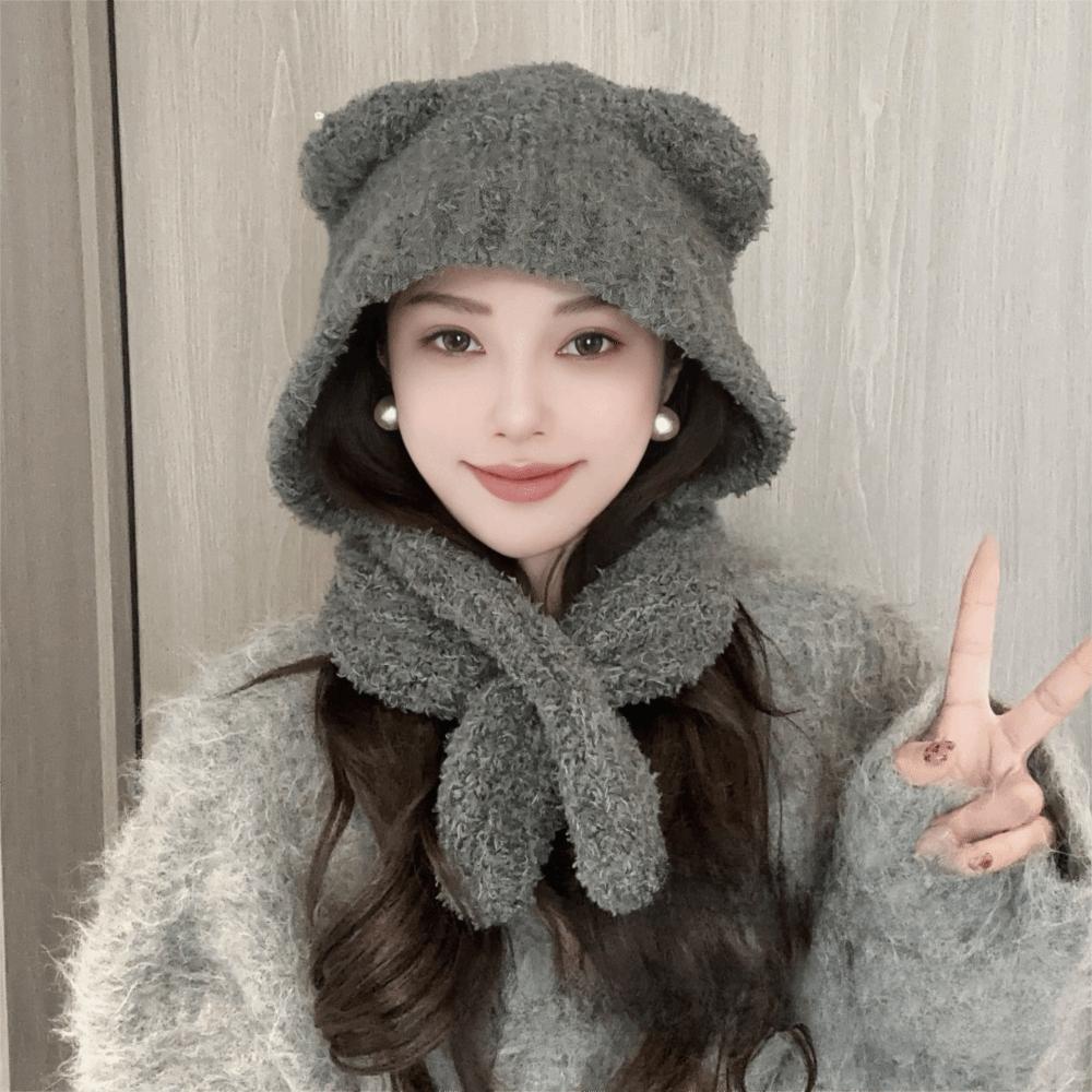 Bear Ear Women Scarf Hat Knitted Knitted Pullover Cap Durable Warm Cap  Outdoor Activities