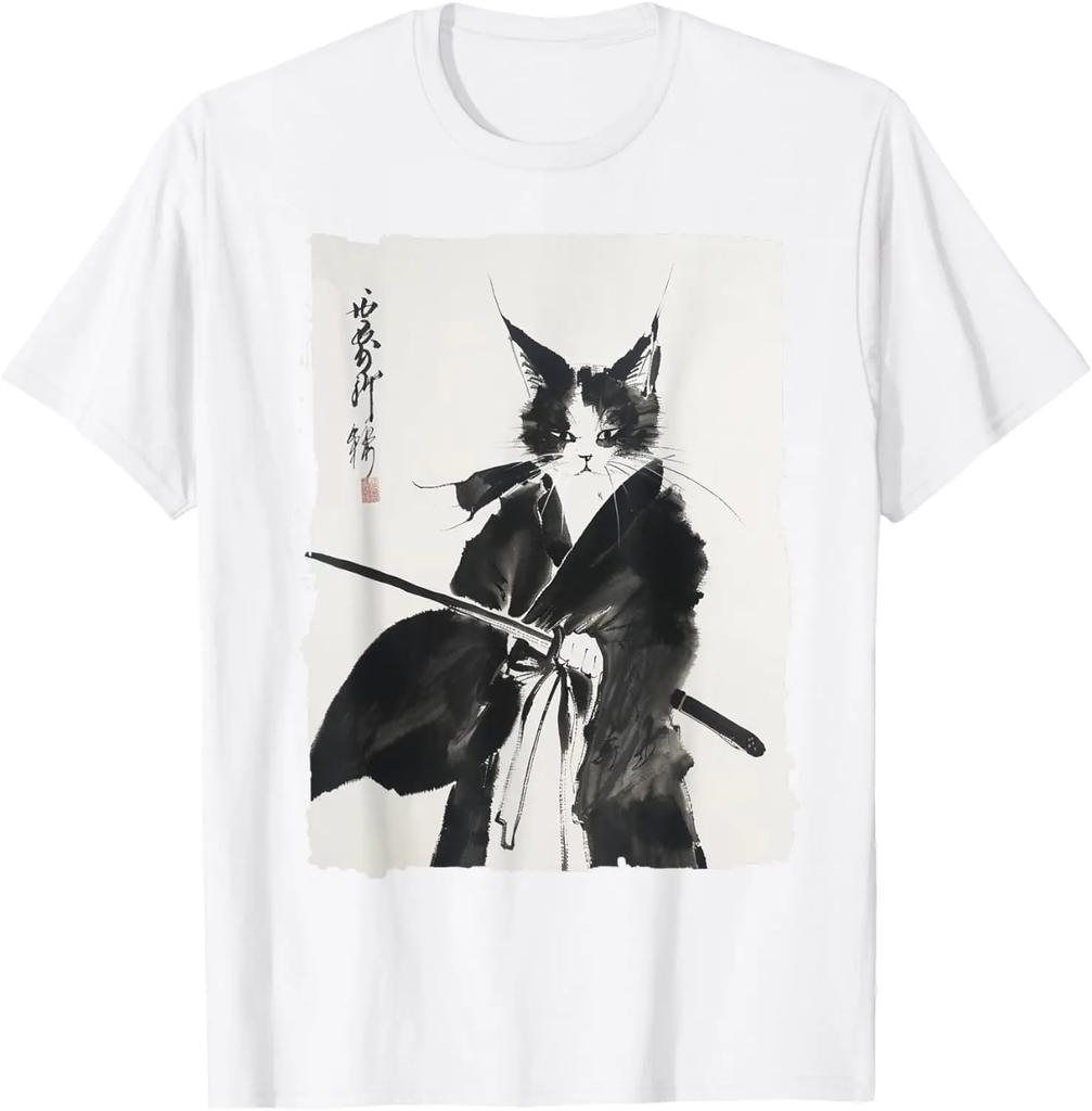 2025 Men's Summer Samurai Cat Art Pattern Harajuku T-shirt Y2k Comfortable and Loose Top