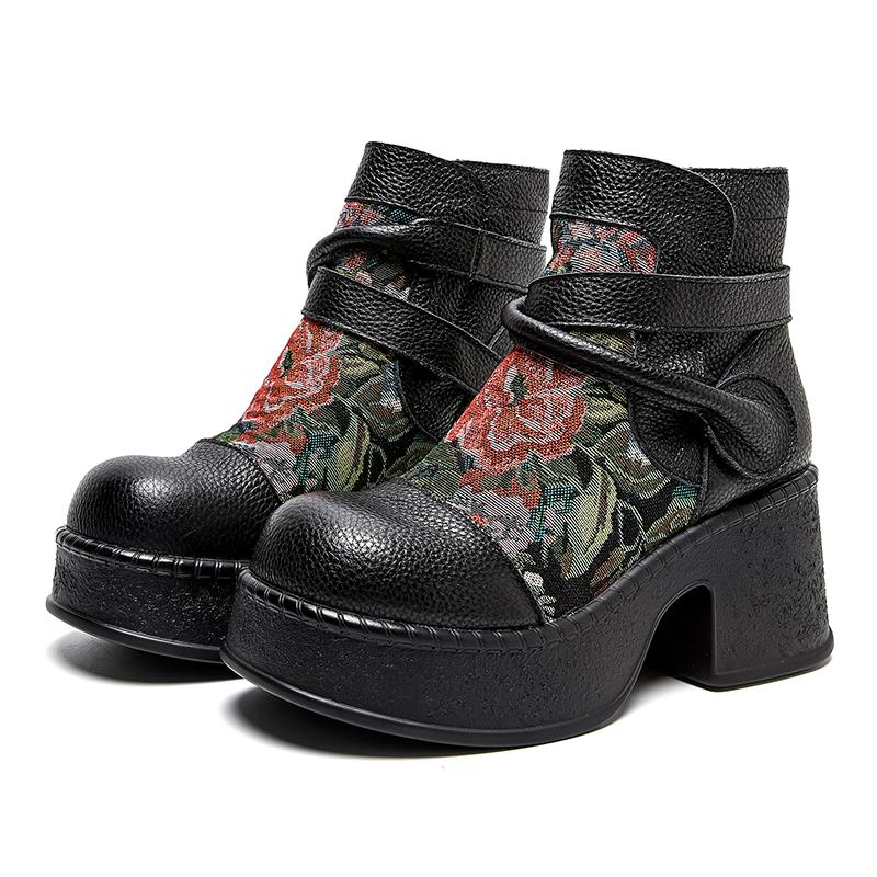 

GKTINOO Женские мотоботы из натуральной кожи 2025 Новые на молнии с круглым носком Женская обувь Цветы Ручная работа Ретро Ботильоны на платформе 40