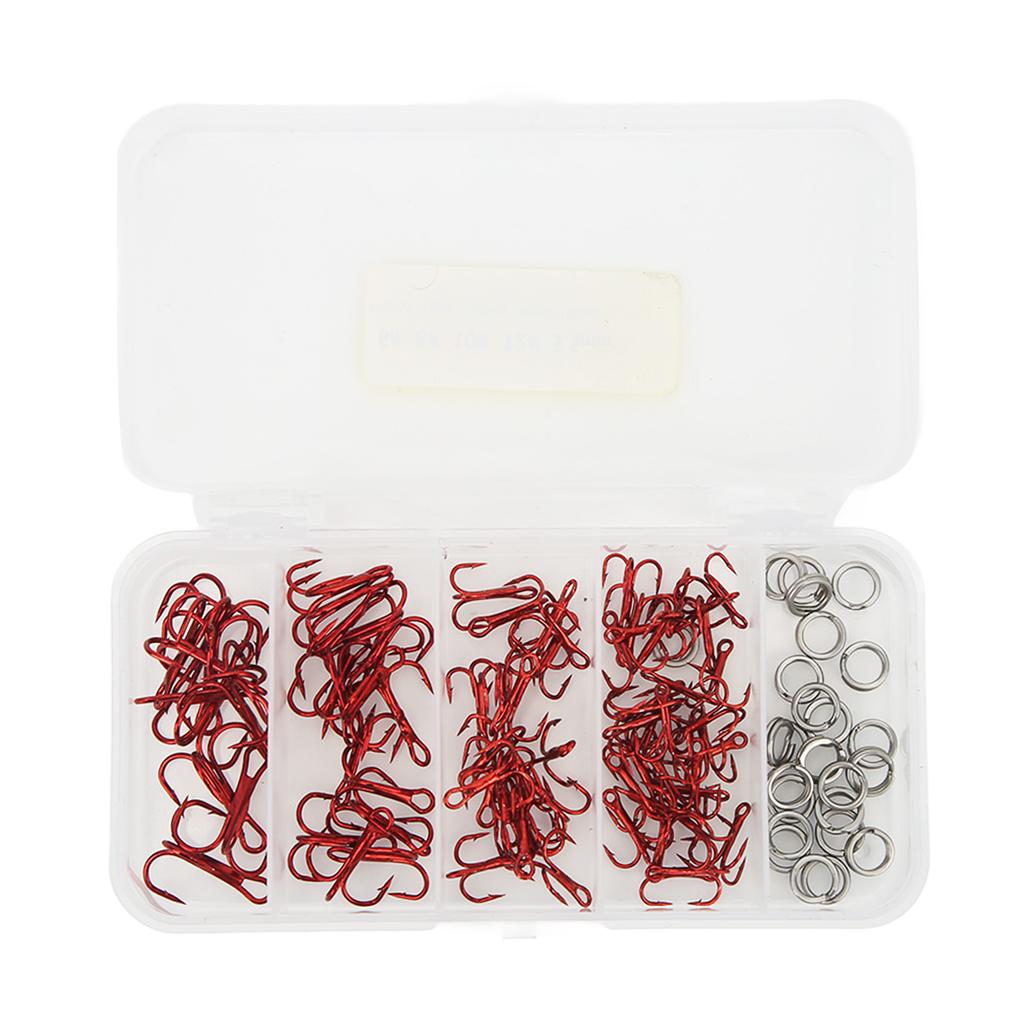 100pcs Treble Fishing Hooks and Double Ring High Carbon Steel Triple Barbed Hook Fishing Accessories with Storage Box