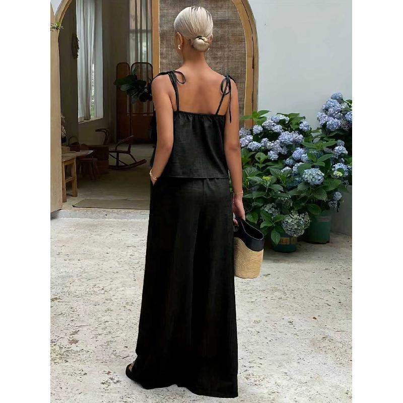 2026 New Fashion Ruffle Trim Camisole Top High-Waisted Tie-Up Pants Casual Women's Suit