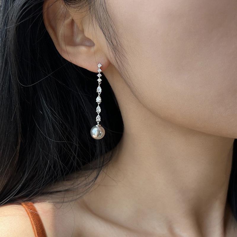 Solid Silver Zircon Long Pearl Earrings Light Luxury Personality Exquisite Jewelry Accessories Niche Simple High-end Earrings