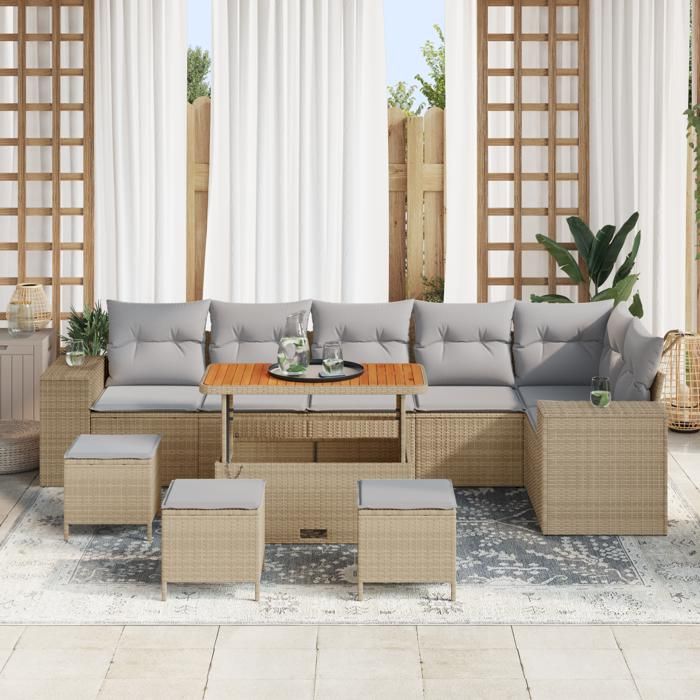 Canapé de jardin en poly rattan beige de 10 pièces avec coussins, Ensemble de salle à manger de jardin de 4 pièces avec 3362032