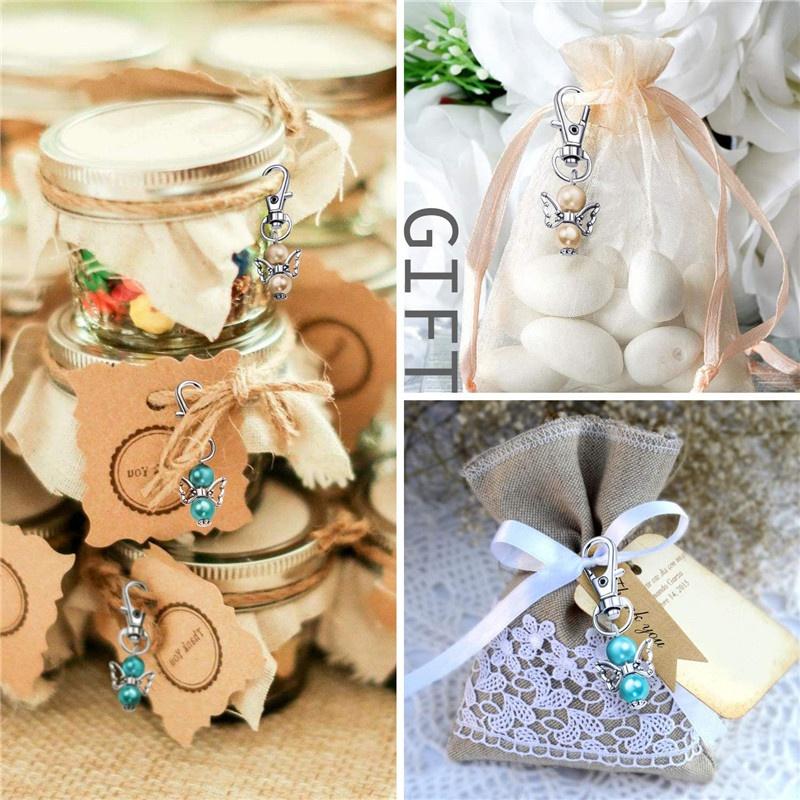 Creative Guardian Angel Wings Keychain Plus Organza Bags & Thank You Tags Baby Shower Party Supplies Wedding Birthday Gifts (Mix Color 20pcs)