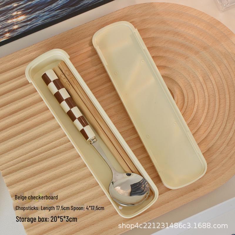 High-Value Portable Stainless Steel Chessboard Cutlery Set: Spoon & Chopsticks with Storage Box for Students