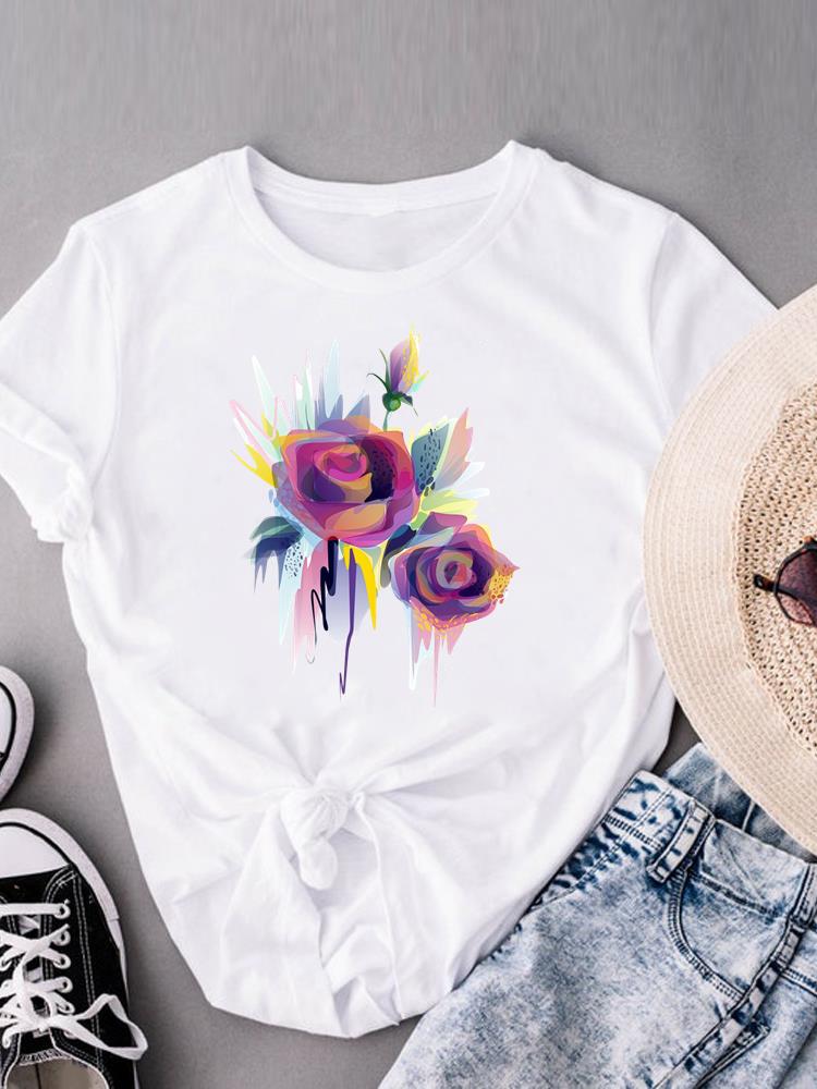 (Asian Size) Watercolor Butterfly Trend Print Casual Top O-neck Short Sleeve T-shirts T Graphic Tee Fashion Female Women's Clothing