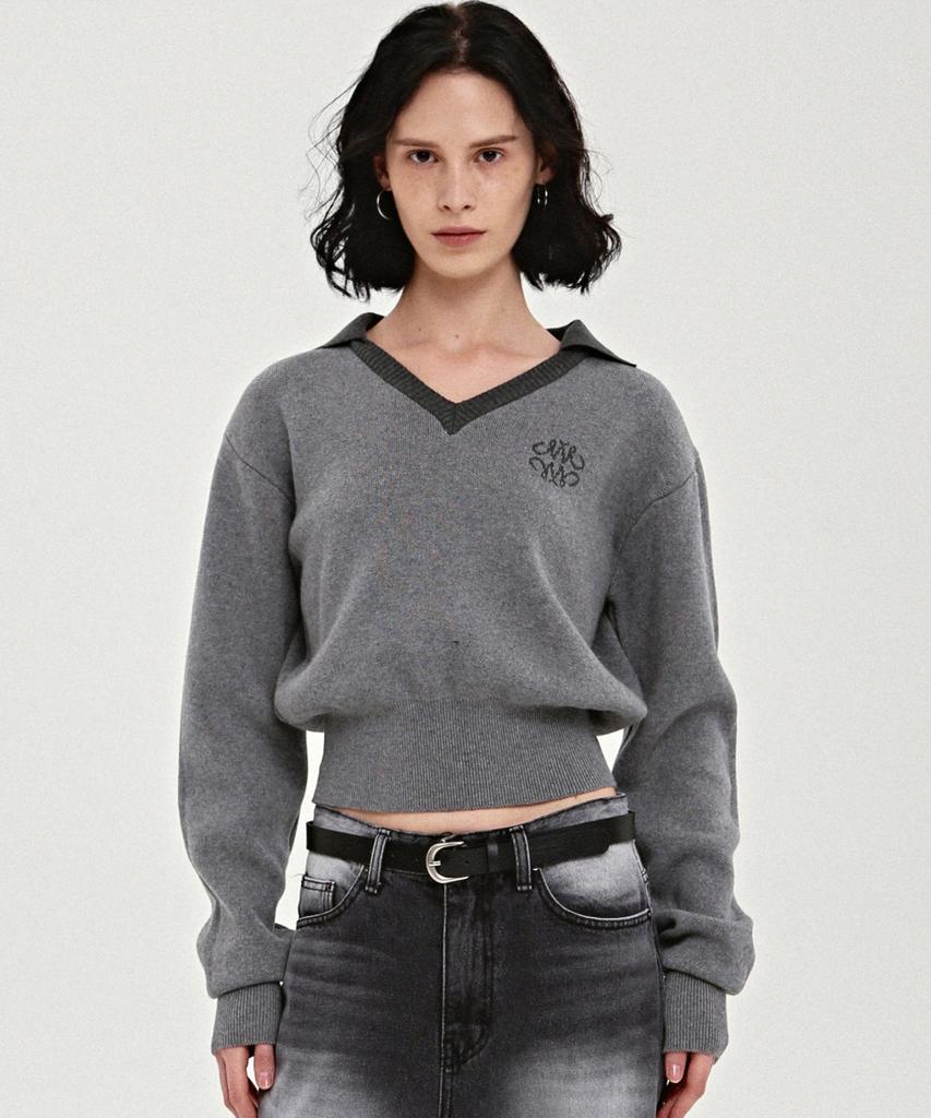 Nigaennikol Classic Color Block Collar Knit_Charcoal