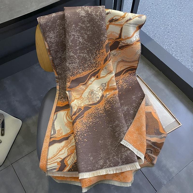 Imitation Cashmere Landscape Style Scarf for Women in Autumn and Winter Korean Style Versatile Contrasting Color Landscape Simple Retro Warm Scarf