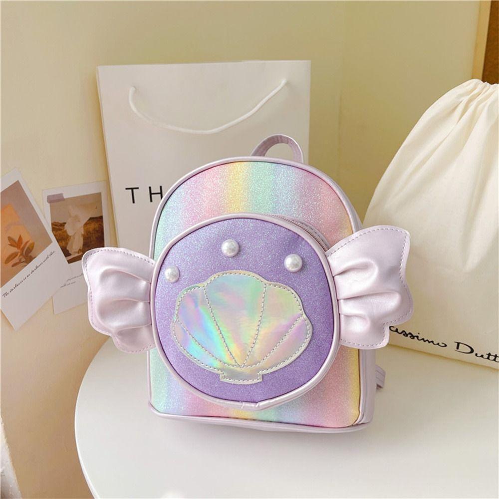 Princess Style Small Backpack For Girls Angel Wings Cartoon Laser Bag Pearl Seashell Decorated Schoolbag