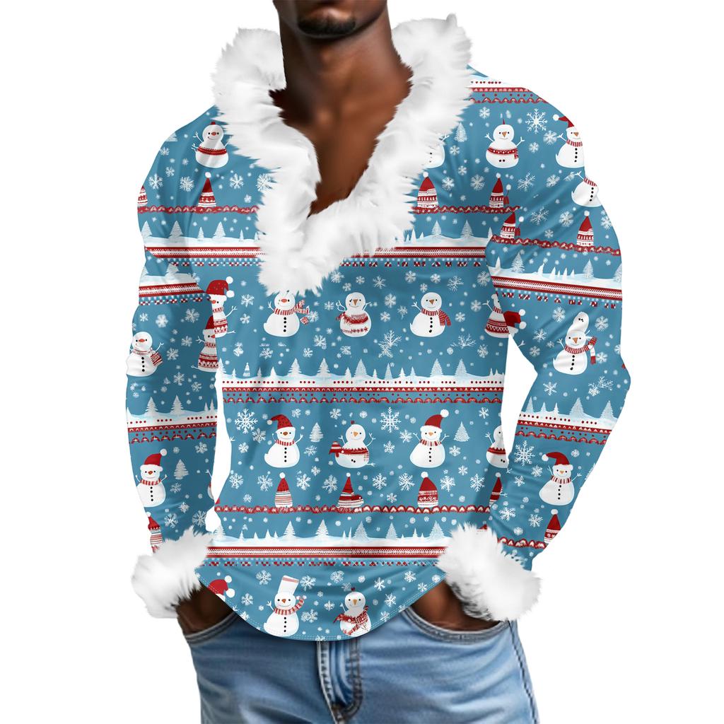 Herren Lässiges Weihnachten Bedrucktes Plüsch V-Ausschnitt und Fleece Langarm-Sweatshirt