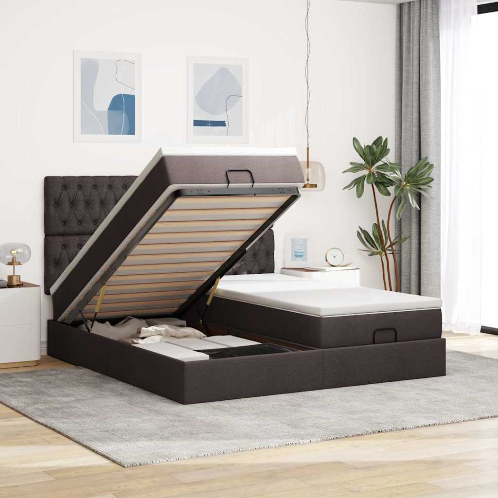 Enjoy restful nights with this Ottoman bed set including mattresses and LED lighting dark brown 180 x 200 cm fabric