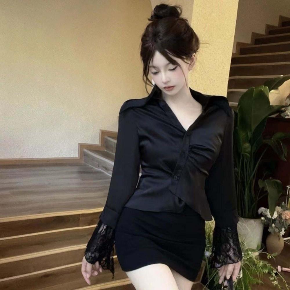 V-neck Lace Long Sleeve Shirts Lace Clothing Sleeves Slim Buttons Shirts Korean Style Blouse Women