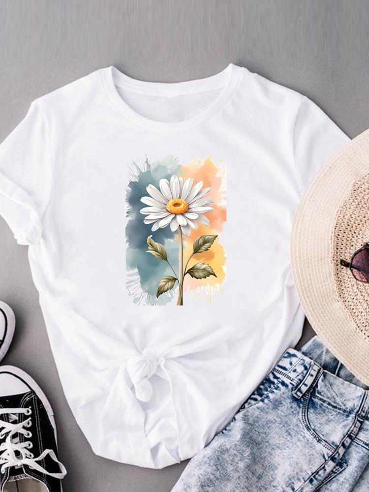 (Asian Size)  watercolor love flower Print Short Sleeve T-shirts Fashion Female Casual Women's Top T Clothing  Graphic Tee