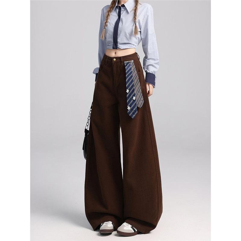 Retro High-Waist Coffee Wide-Leg Jeans for Women - Loose, Slimming, Spicy Straight-Leg Pants