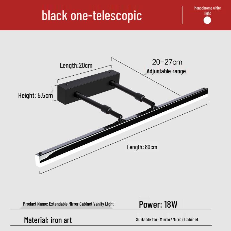 Nordic Minimalist LED Vanity Light, Telescopic Mirror Cabinet, Punch-Free, Three-Color Wall Light for Bathroom