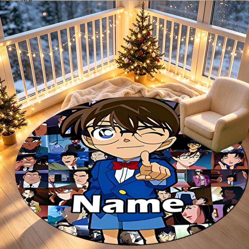 Custom Name Personalized Detective Conan Print Round Rug, Versatile Home Decor Carpet, for Playroom, Apartment, Balcony, Entryway, Hallway Gift