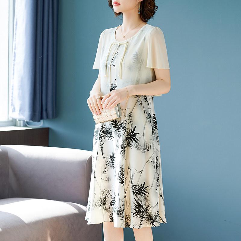 Elegant Summer Chiffon Skirt Set: Short-Sleeve Dress for Mature Women