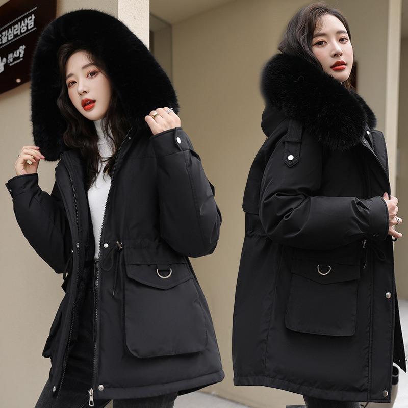 Fleece Thickened Coat Women's New Winter Waist Medium and Long Casual Hooded Parker Cotton Clothes Women