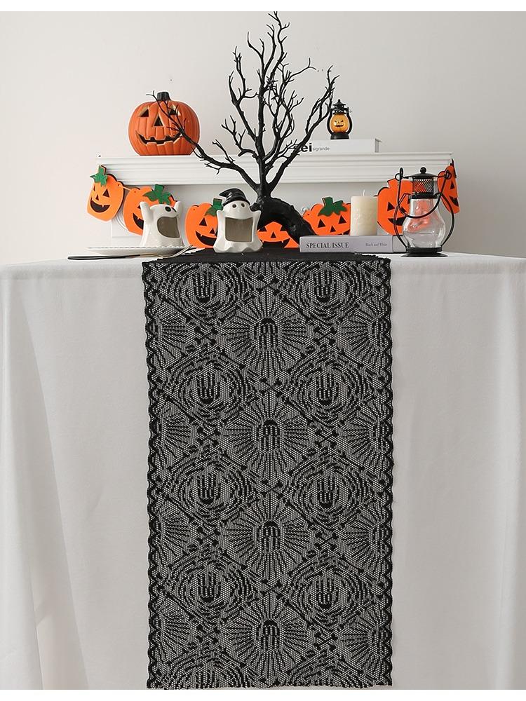 1pc Black Polyester Lace Spider Web Table Runner | American Halloween Party Gift Home Dining Decor, Ghost Festival, Festive Tabletop Accessory