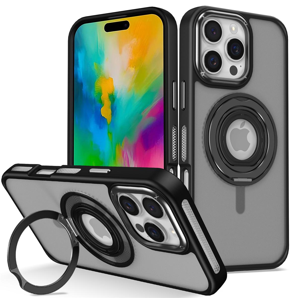 

For iPhone 16 Pro Max Case TPU+PC Matte Backplate Phone Cover with Silicone Ring Kickstand Black