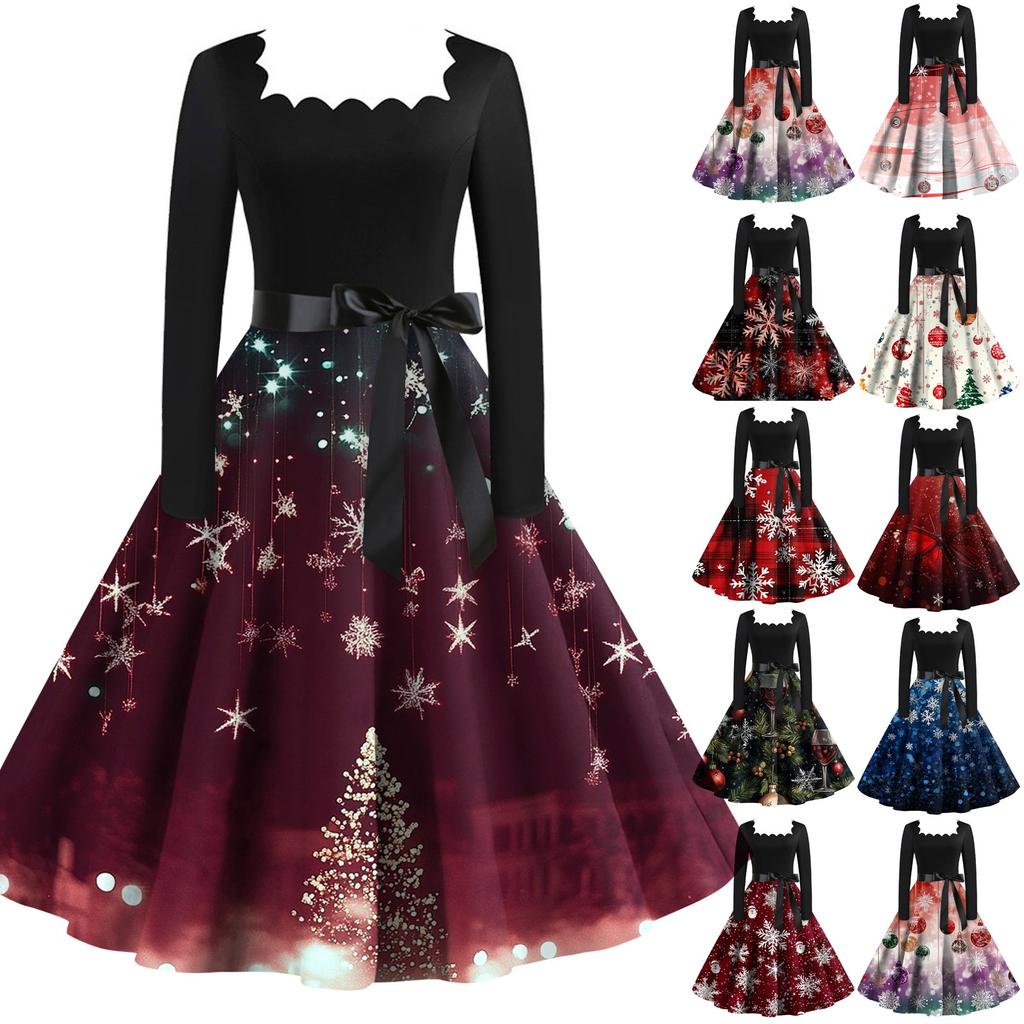 Dámské vánoční šaty s potiskem, čtvercovým výstřihem a velkým lemem, šaty s dlouhým rukávem