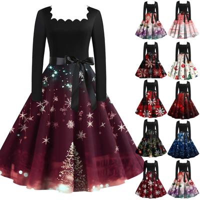 Damen Weihnachten Bedrucktes Quadratkragen Groß Saum Kleid Langarmkleid