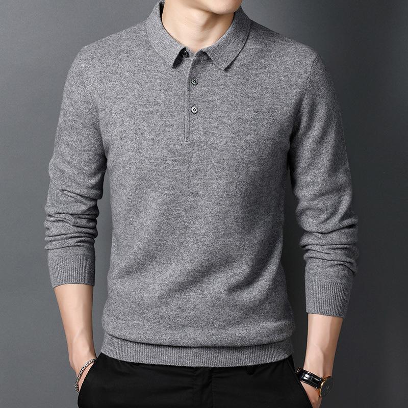 Middle-aged Men's Sweater Shirt Collar Pure Wool Medium Thick Warm Solid Color Pullover Bottoming Shirt Men's Winter Men's Clothing
